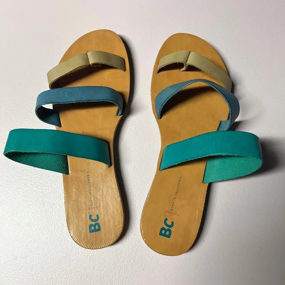BC Leather Strappy Colorful Slides Sandals Womens 9 Beachy Boho Chic Minimalist